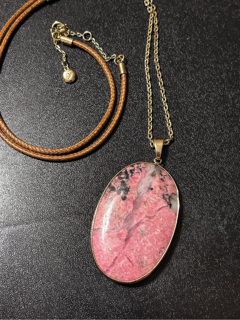 Rhodochrosite Oval Pendant Pink Stone Long Layering Gemstone Designer Necklace